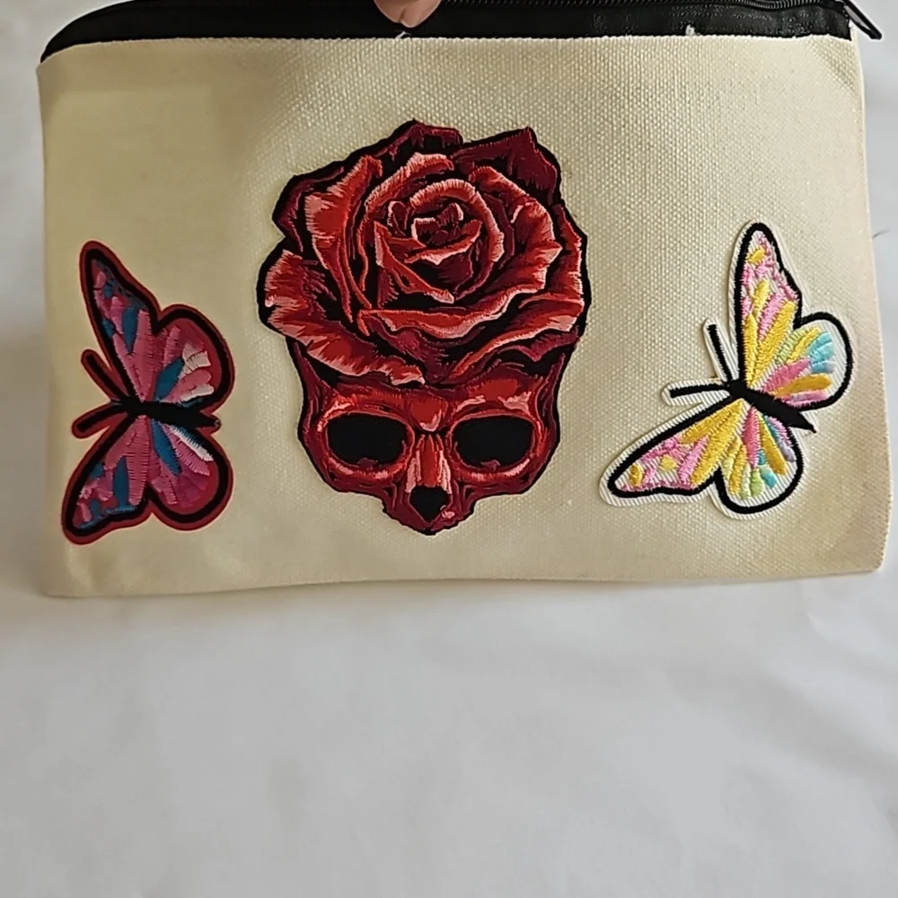 Hand Crafted embroidered bag red skull multicolored butterflies red rose rustic